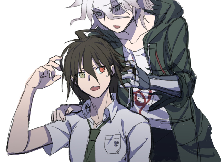 2boys ahoge bangs black_hair breast_pocket brown_eyes brown_hair coat collarbone collared_shirt commentary_request dangan_ronpa_(series) dangan_ronpa_2:_goodbye_despair green_coat green_eyes green_neckwear grey_hair hand_on_another's_shoulder hand_up heterochromia hinata_hajime hood hood_down hooded_coat komaeda_nagito looking_at_another male_focus mechanical_arm multiple_boys necktie open_mouth pocket print_shirt red_eyes shaded_face shirt short_sleeves simple_background sweatdrop upper_teeth white_background ziling