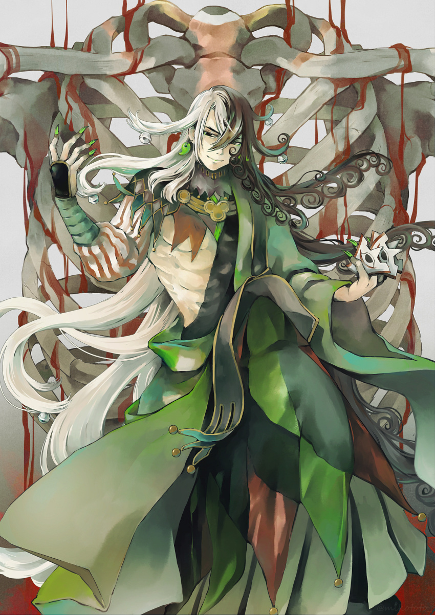 1boy ashiya_douman_(fate) asymmetrical_clothes asymmetrical_hair bell black_eyes black_hair blood curly_hair earrings fate/grand_order fate_(series) feet_out_of_frame fingernails giant green_eyeshadow green_kimono green_lipstick green_nails hair_bell hair_between_eyes hair_intakes hair_ornament highres japanese_clothes jewelry kimono lipstick long_hair magatama magatama_earrings makeup male_focus multicolored_hair open_clothes open_kimono pool_of_blood ribbed_sleeves ribs sharp_fingernails shikigami shuiqin skeleton smile solo toned toned_male two-tone_hair very_long_fingernails very_long_hair white_hair