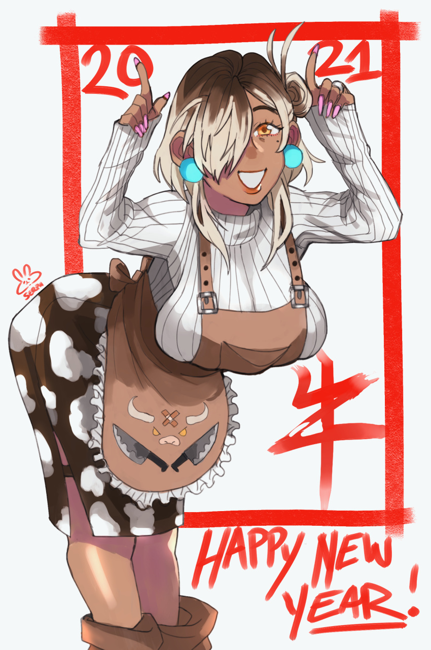 1girl 2021 absurdres animal_print apron bent_over breasts brown_apron brown_hair character_request chinese_zodiac commentary cow_print dark_skin dark-skinned_female earrings english_commentary fingernails grin gyaru hair_over_one_eye happy_new_year highres horns_pose index_finger_raised jewelry large_breasts leg_warmers lipstick long_fingernails long_skirt makeup mature mole mole_under_eye multicolored_hair nail_polish new_year pink_nails print_skirt ribbed_sweater ring serph_(usagiclock) short_hair skirt sleeves_past_wrists smile solo sweater turtleneck turtleneck_sweater two-tone_hair virtual_youtuber wedding_band white_sweater year_of_the_ox