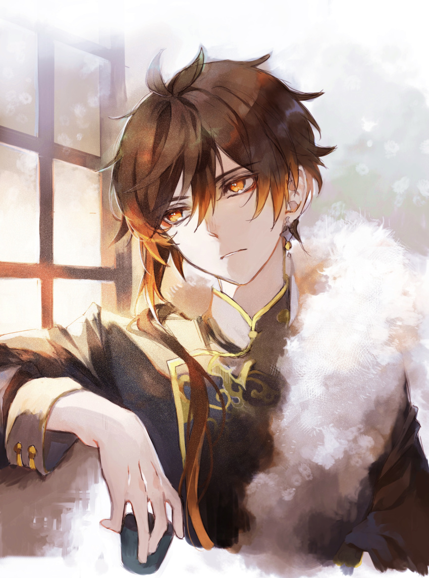 1boy absurdres bangs black_hair brown_hair chinese_clothes closed_mouth cup earrings eyebrows_visible_through_hair formal fur genshin_impact hair_between_eyes head_tilt highres hmkang07 holding holding_cup jacket jewelry long_hair long_sleeves looking_out_window male_focus multicolored_hair ponytail single_earring solo tassel tassel_earrings teacup window yellow_eyes zhongli_(genshin_impact)