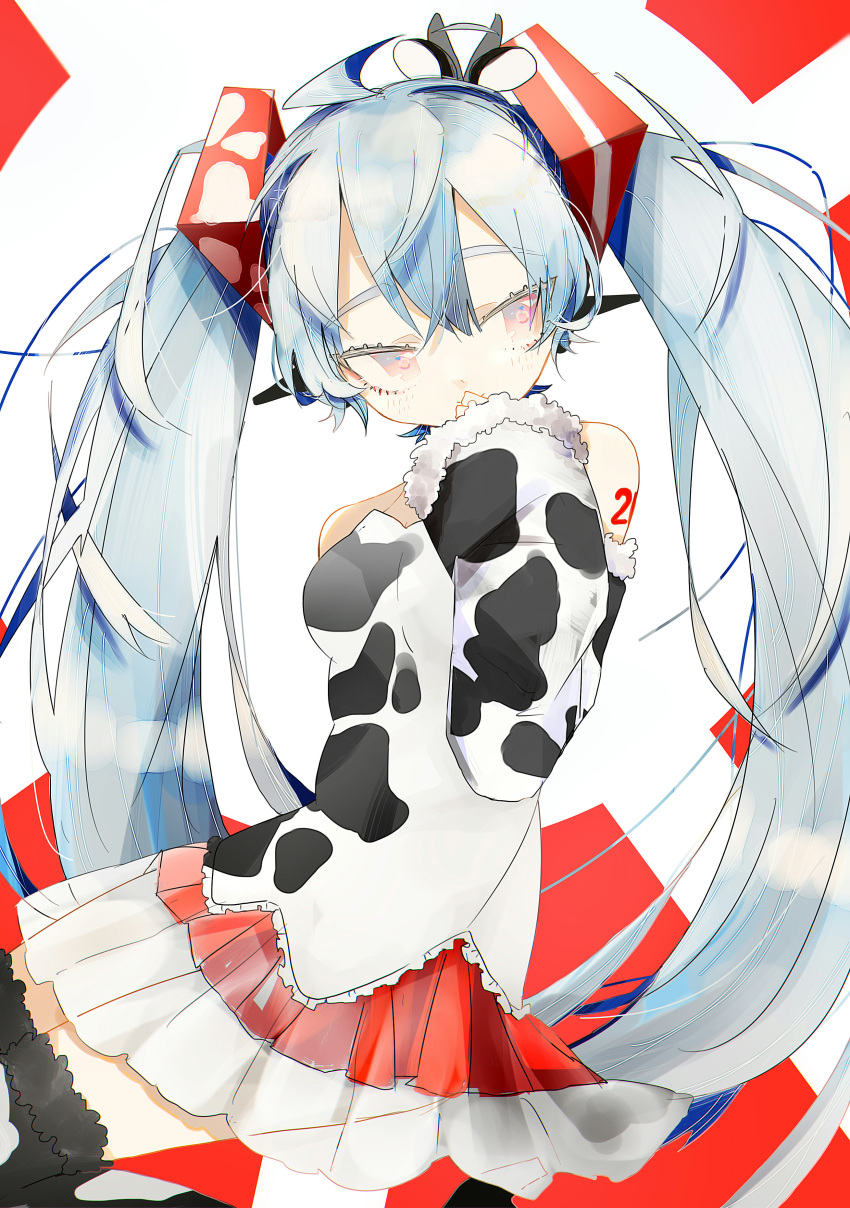 1girl absurdres animal_print aqua_hair bare_shoulders chinese_zodiac commentary covering_mouth cow_print cowboy_shot dress fur-trimmed_sleeves fur_trim hair_ornament hand_to_own_mouth hatsune_miku highres layered_skirt long_hair miniskirt pleated_skirt red_eyes red_skirt shirt shoulder_tattoo sideways_glance skirt sleeveless sleeveless_shirt solo strapless strapless_dress tattoo thigh-highs tsurime twintails very_long_hair vocaloid white_shirt wsk_64 year_of_the_ox