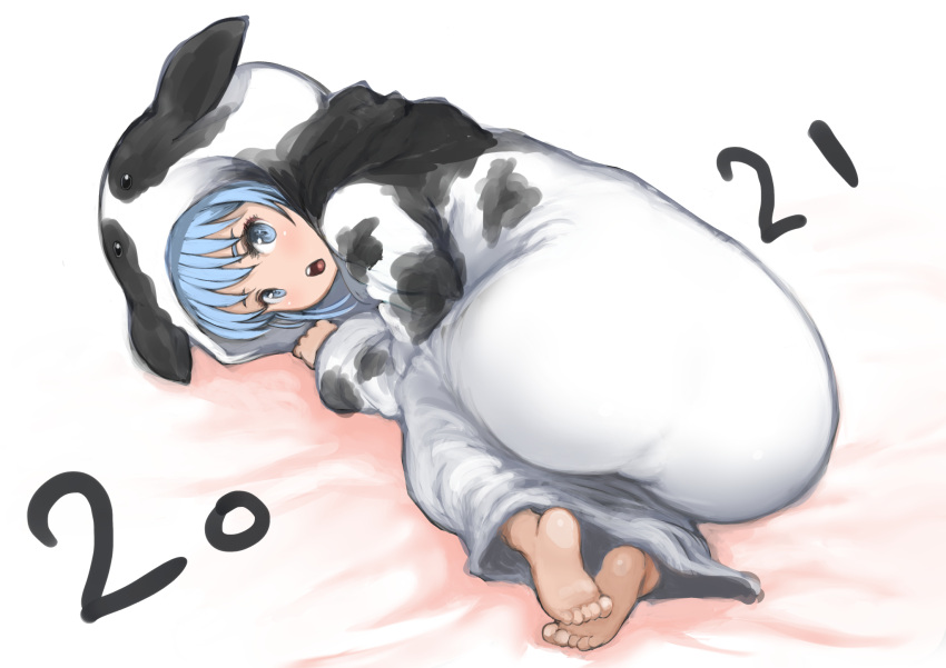 1girl 2021 all_fours animal_costume animal_hood animal_print ass barefoot blue_eyes blue_hair chinese_zodiac commentary_request cow_costume cow_hood cow_print fake_horns full_body happy_new_year highres hood horns johan_(johan13) new_year onesie original soles solo toes year_of_the_ox