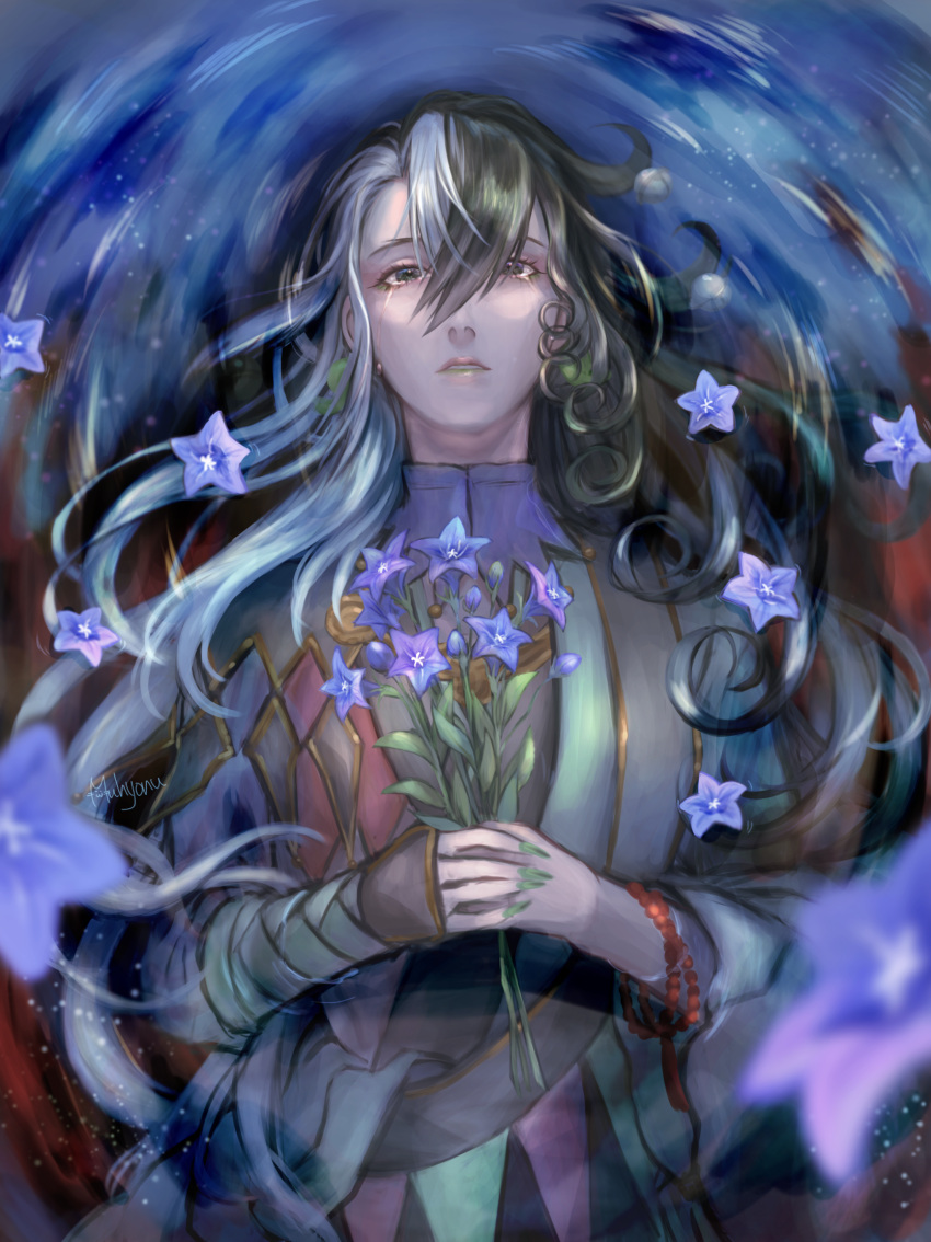 1boy ashiya_douman_(fate) asymmetrical_clothes asymmetrical_hair bell black_eyes black_hair crying crying_with_eyes_open curly_hair earrings fate/grand_order fate_(series) fingernails flower green_eyeshadow green_kimono green_lipstick green_nails hair_bell hair_between_eyes hair_intakes hair_ornament highres holding holding_flower japanese_clothes jewelry kimono lipstick long_hair lying magatama magatama_earrings makeup male_focus muhyonu multicolored_hair on_back on_water open_clothes open_kimono own_hands_together partially_submerged purple_flower ribbed_sleeves sad sharp_fingernails solo tears two-tone_hair upper_body very_long_fingernails very_long_hair white_hair