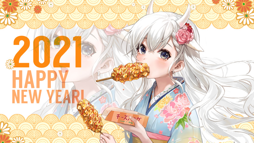 1girl 2021 animal_ears bangs blue_kimono blush braid corn_dog cow_ears cow_horns crossed_bangs earrings eyebrows_behind_hair floral_background floral_print flower food_in_mouth french_braid gradient_clothes green_eyes hair_between_eyes hair_flower hair_ornament highres hisakawa_hayate horns idolmaster idolmaster_cinderella_girls idolmaster_cinderella_girls_starlight_stage japanese_clothes jewelry kimono long_hair looking_at_viewer new_year pink_flower pink_rose rose solo sowb upper_body white_hair zoom_layer