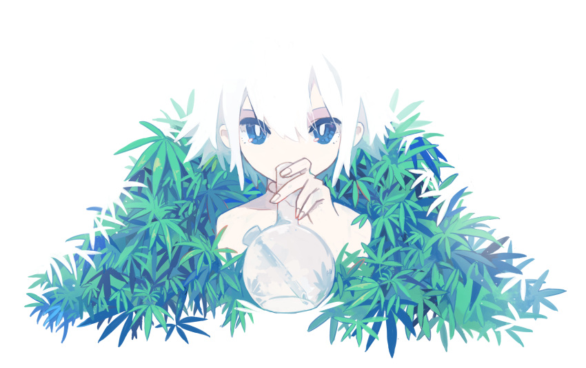 1girl bare_shoulders blending blue_eyes covering_mouth flask hand_up highres holding holding_flask leaf looking_at_viewer natsu-no-kamisama no_nose original round-bottom_flask short_hair solo upper_body white_background white_hair