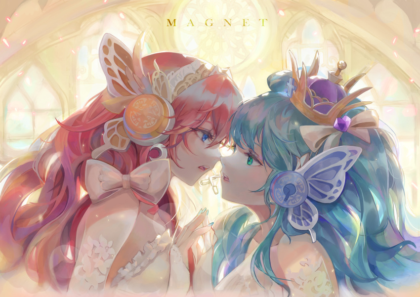 2girls a_yue absurdres aqua_eyes aqua_hair blue_eyes bow butterfly_hair_ornament commentary crescent_moon crown dress english_commentary floral_print frilled_dress frills glowing_petals hair_bow hair_ornament hatsune_miku headphones headset highres holding_hands imminent_kiss indoors looking_at_another magnet_(vocaloid) megurine_luka moon multiple_girls open_mouth petals pink_hair upper_body vocaloid white_dress yuri