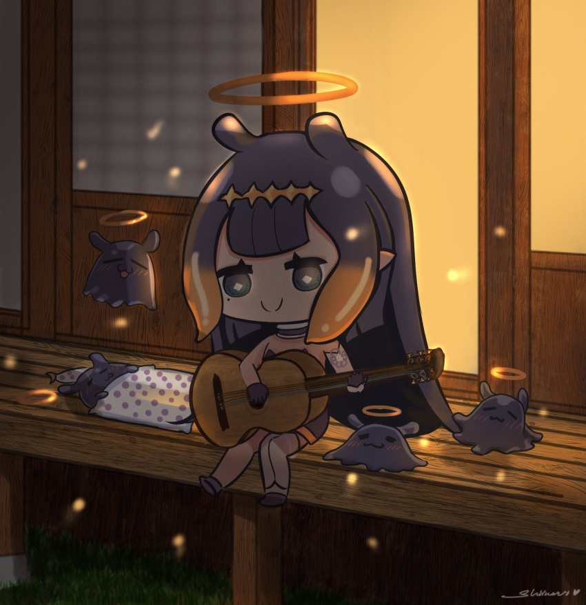 1girl :3 =_= backlighting black_eyes black_hair blush bright_pupils chibi detached_sleeves english_commentary guitar halo highres hololive hololive_english instrument music ninomae_ina'nis open_mouth playing_instrument pointy_ears shiina_rei single_detached_sleeve single_thighhigh sitting sleeping smile solo_focus tako_(ninomae_ina'nis) thigh-highs virtual_youtuber white_pupils