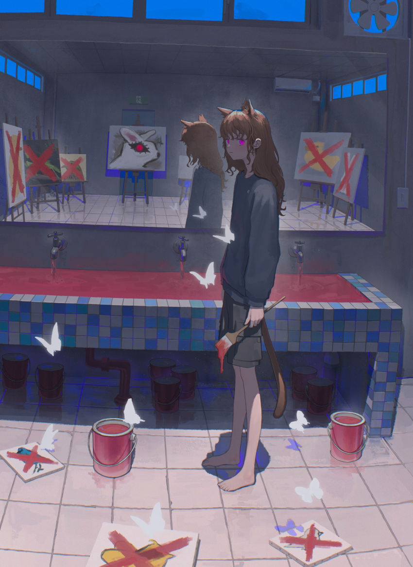 1girl animal_ears barefoot black_shirt black_shorts brown_hair bug butterfly highres holding long_hair long_sleeves looking_at_viewer original paint_can paintbrush reflection shadow shirt shorts shunken_he solo standing tail tiles violet_eyes white_butterfly wide_shot