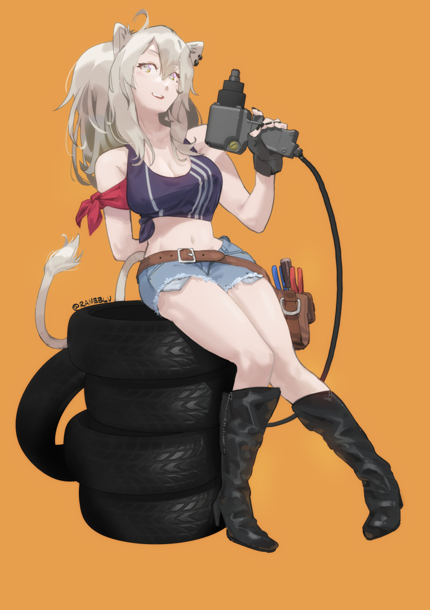 1girl adapted_costume animal_ears artist_name belt black_footwear brown_belt crop_top denim denim_shorts ear_piercing grey_eyes grey_hair highres holding hololive lion_ears lion_girl lion_tail looking_up navel open_mouth piercing raneblu shishiro_botan short_shorts shorts sitting solo tail tire tool_belt virtual_youtuber