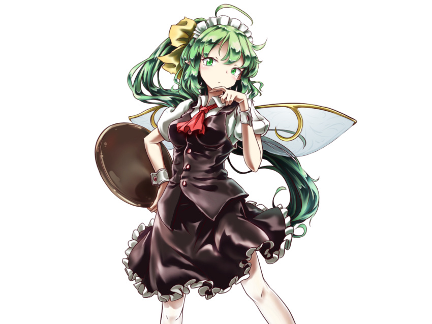 1girl :/ ahoge alternate_costume ascot black_skirt black_vest bow breasts collared_shirt commentary_request cowboy_shot daiyousei enmaided eyebrows_visible_through_hair fairy_wings findzhenxin finger_to_own_chin frilled_skirt frills green_eyes green_hair hair_between_eyes hair_bow hand_on_hip head_tilt holding holding_tray long_hair looking_at_viewer maid maid_headdress medium_breasts puffy_short_sleeves puffy_sleeves red_neckwear shirt short_hair short_hair_with_long_locks short_sleeves side_ponytail simple_background skirt skirt_set solo touhou tray very_long_hair vest white_background white_shirt wing_collar wings wrist_cuffs yellow_bow