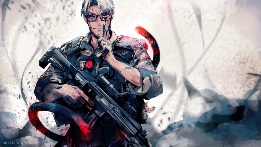 1boy apex_legends arurandis facial_hair glasses goatee grey_hair gun holding holostars hotate_rayan looking_at_viewer male_focus open_mouth short_hair smile virtual_youtuber weapon