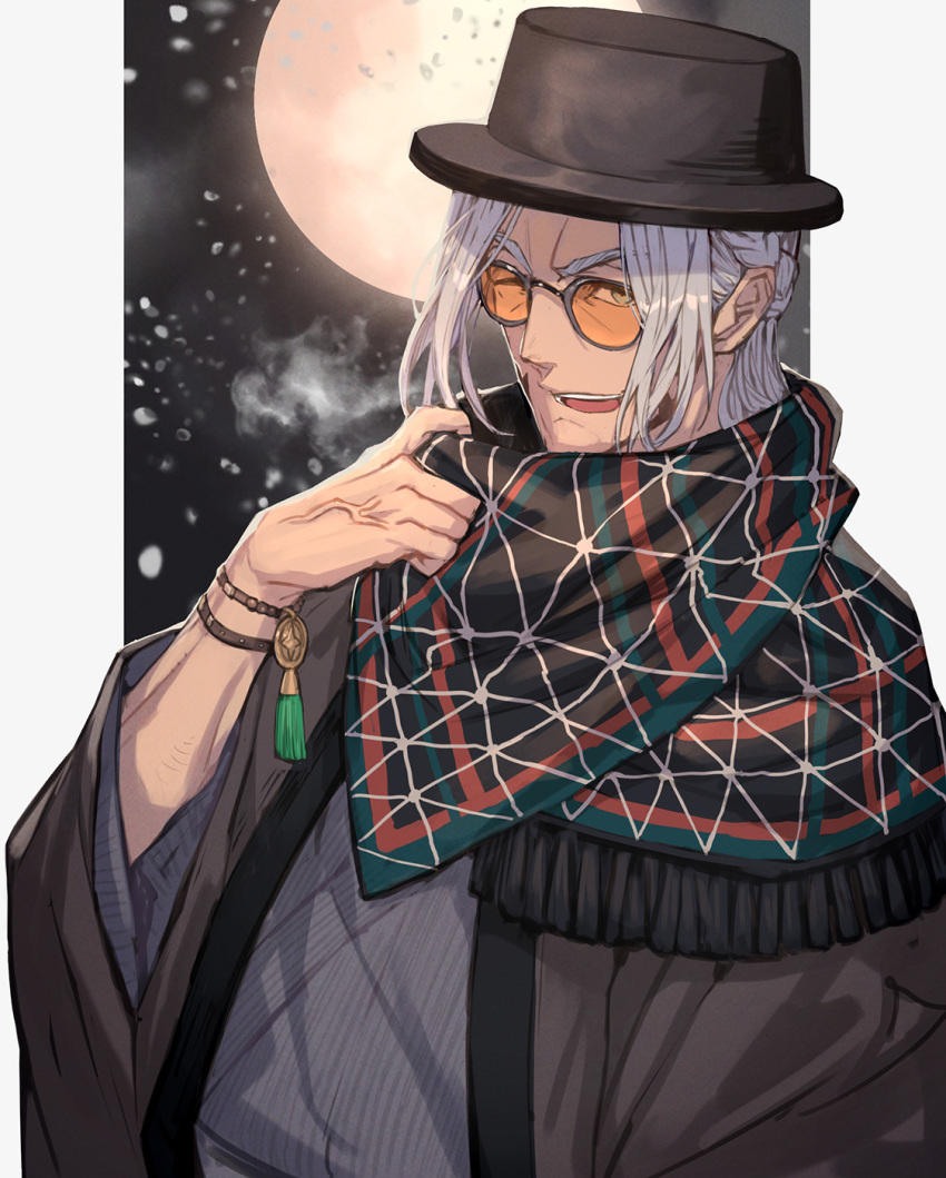 1boy arurandis bracelet facial_hair glasses goatee green_eyes grey_hair highres holding holostars jacket jewelry lack looking_at_viewer male_focus open_mouth scarf short_hair smile solo virtual_youtuber
