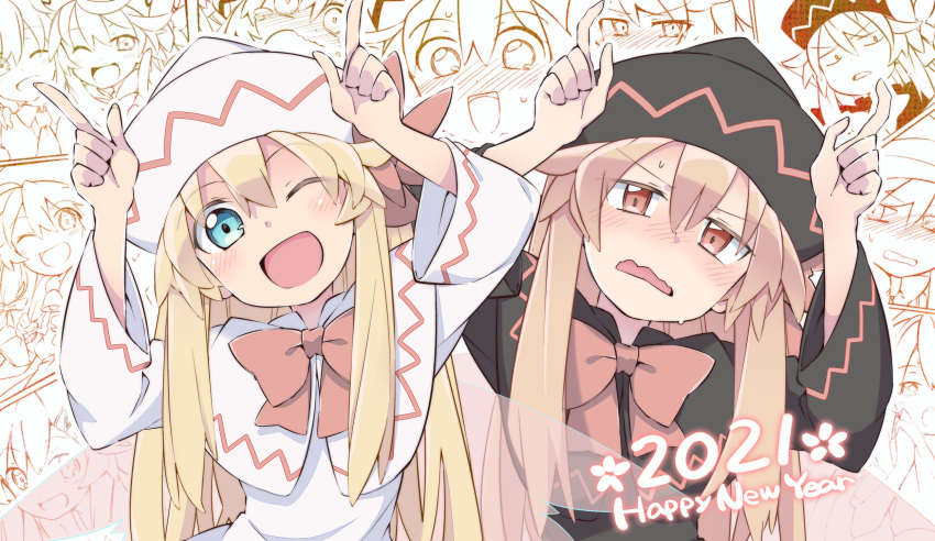 2021 2girls ;d annoyed arms_up black_capelet black_dress black_headwear blonde_hair blue_eyes blush bow bowtie brown_eyes capelet commentary_request dress dual_persona fairy fairy_wings finger_horns half-closed_eyes happy_new_year hat highres horns_pose index_fingers_raised light_brown_hair lily_black lily_white long_hair long_sleeves looking_at_viewer multiple_girls new_year nose_blush one_eye_closed open_mouth red_bow red_neckwear smile touhou transparent_wings very_long_hair wavy_mouth white_capelet white_headwear wide_sleeves wings yutamaro