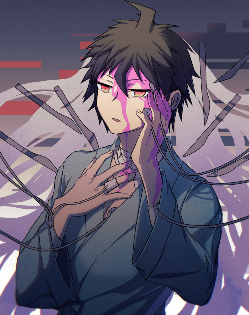 1boy ahoge alternate_costume bandaged_neck bangs blood brown_eyes brown_hair cable commentary_request dangan_ronpa_(series) dangan_ronpa_3_(anime) hair_between_eyes hand_on_own_cheek hand_on_own_face highres hinata_hajime hospital_gown kamukura_izuru long_sleeves male_focus open_mouth pink_blood short_hair solo spoilers tagme upper_body ziling