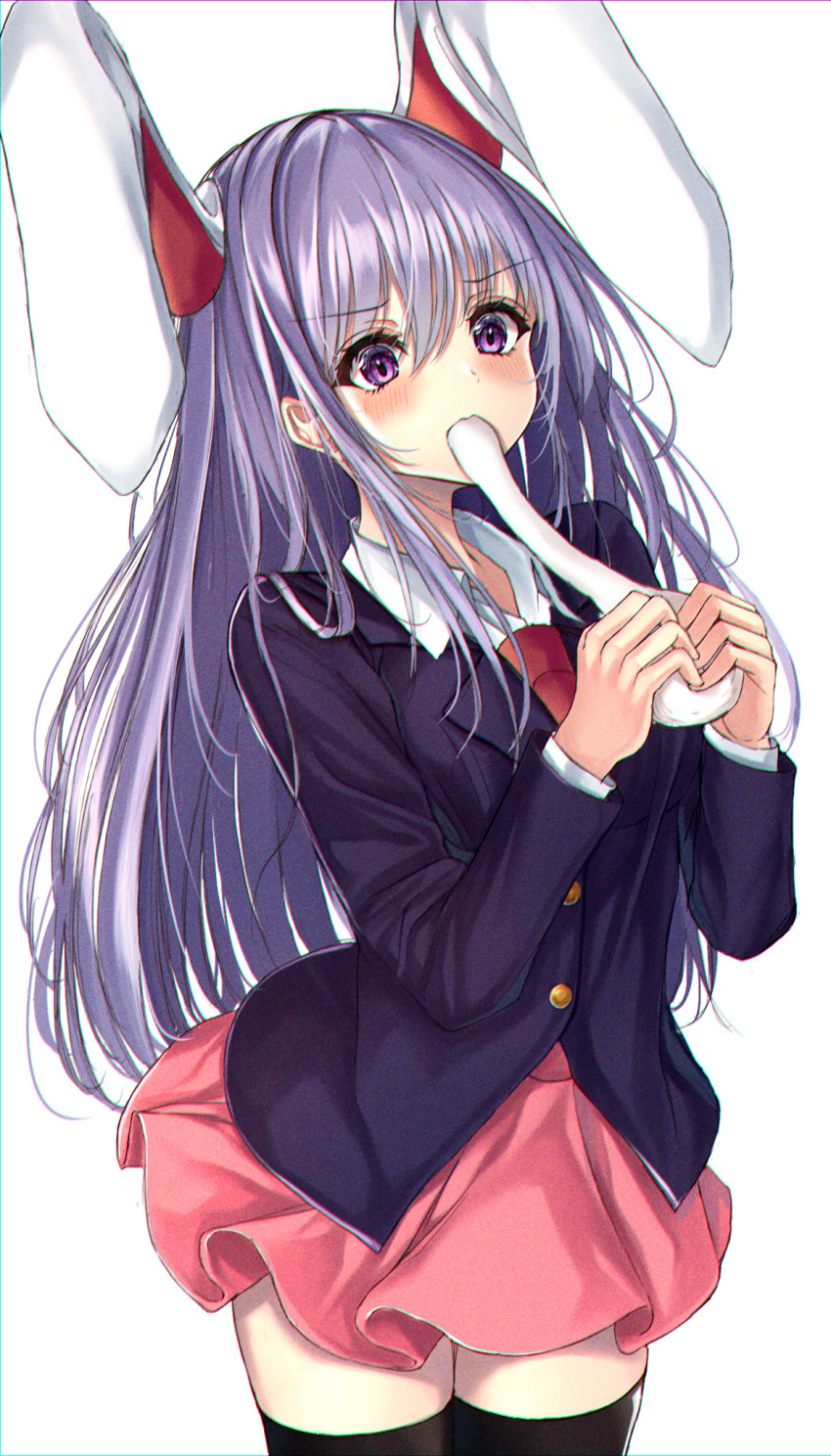 1girl animal_ears arms_up black_legwear blush commentary cowboy_shot eating eyebrows_visible_through_hair food food_in_mouth hair_between_eyes highres holding holding_food kure:kuroha long_hair long_sleeves looking_to_the_side miniskirt mochi mochi_trail necktie pink_skirt purple_hair rabbit_ears red_neckwear reisen_udongein_inaba shirt simple_background skirt solo standing suit_jacket thigh-highs touhou very_long_hair violet_eyes white_background white_shirt zettai_ryouiki
