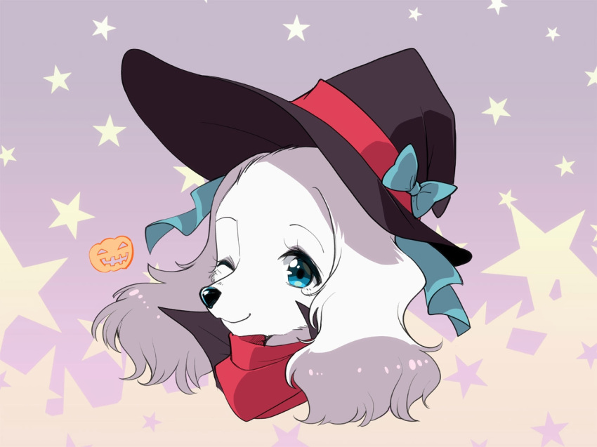 1girl alternate_costume animal_ears bandana black_headwear blue_bow blue_eyes blue_ribbon body_fur bow commentary_request dog_ears dog_girl face fay_spaniel furry hair_ribbon halloween hat hat_bow high_collar jack-o'-lantern looking_at_viewer namagaki_yukina one_eye_closed purple_background ribbon simple_background solo star_(symbol) star_fox starry_background two-tone_background white_fur witch witch_hat