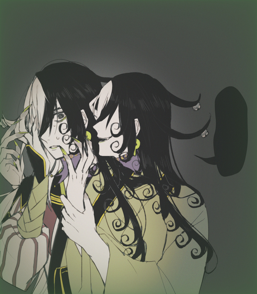 2boys absurdres ashiya_douman_(fate) asymmetrical_clothes asymmetrical_hair bell black_eyes black_hair blank_speech_bubble curly_hair dark_persona earrings fate/grand_order fate_(series) fingernails green_eyeshadow green_kimono green_nails hair_bell hair_between_eyes hair_intakes hair_ornament highres huge_filesize japanese_clothes jewelry kimono limited_palette long_hair magatama magatama_earrings male_focus multicolored_hair multiple_boys muted_color nemumi_no_tanaka_(563antdr) open_clothes open_kimono ribbed_sleeves sharp_fingernails speech_bubble sweatdrop two-tone_hair upper_body very_long_fingernails very_long_hair whispering white_hair wide-eyed