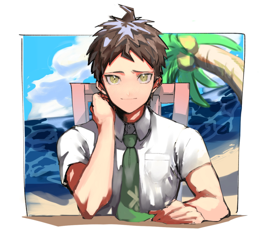 1boy bangs beach border breast_pocket brown_eyes brown_hair chair collared_shirt commentary_request dangan_ronpa_(series) dangan_ronpa_2:_goodbye_despair green_neckwear hand_on_own_neck hinata_hajime male_focus necktie outdoors palm_tree pocket shirt short_hair short_sleeves sitting sketch solo suzumetarou table tree white_border white_shirt wooden_chair