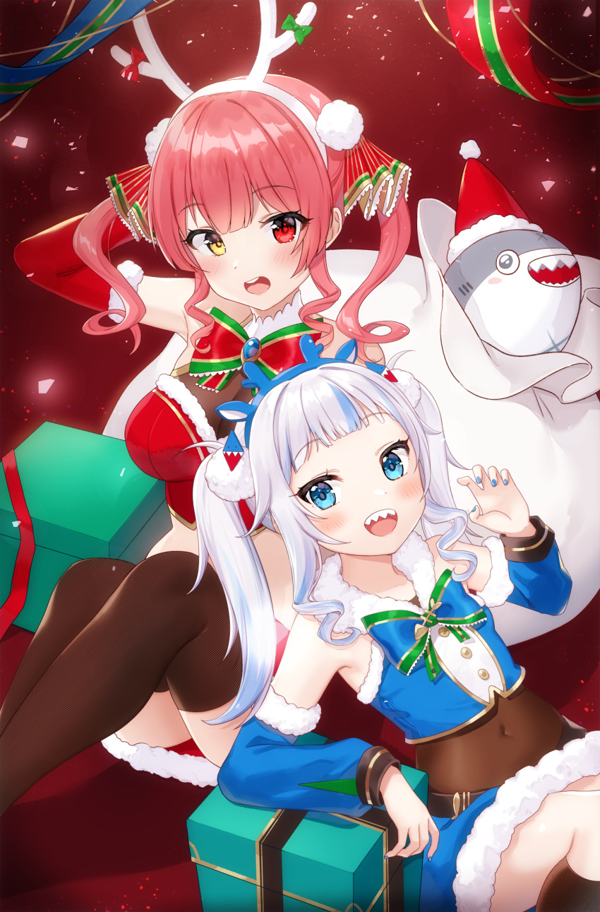 2girls :d alternate_hairstyle animal_ears antlers arm_up armpits bangs bare_shoulders bloop_(gawr_gura) blue_eyes blue_hair blue_nails blue_shirt blue_skirt blunt_bangs blush bodystocking bow bowtie box breasts brooch brown_legwear christmas claw_pose covered_navel crop_top detached_sleeves elbow_gloves eyebrows_visible_through_hair fake_animal_ears fake_antlers fur-trimmed_skirt fur-trimmed_sleeves fur_trim gawr_gura gift gift_box gloves gold_trim hair_ornament hair_ribbon hat heterochromia highres hololive hololive_english houshou_marine jewelry knees_up large_breasts long_hair long_sleeves looking_at_viewer midriff miniskirt multicolored_hair multiple_girls nail_polish open_mouth pn_(wnsl216) red_eyes red_gloves red_shirt red_skirt redhead reindeer_antlers ribbon sack santa_hat see-through shark_hair_ornament sharp_teeth shirt silver_hair skirt smile stomach streaked_hair teeth thigh-highs twintails virtual_youtuber wavy_hair white_hair yellow_eyes