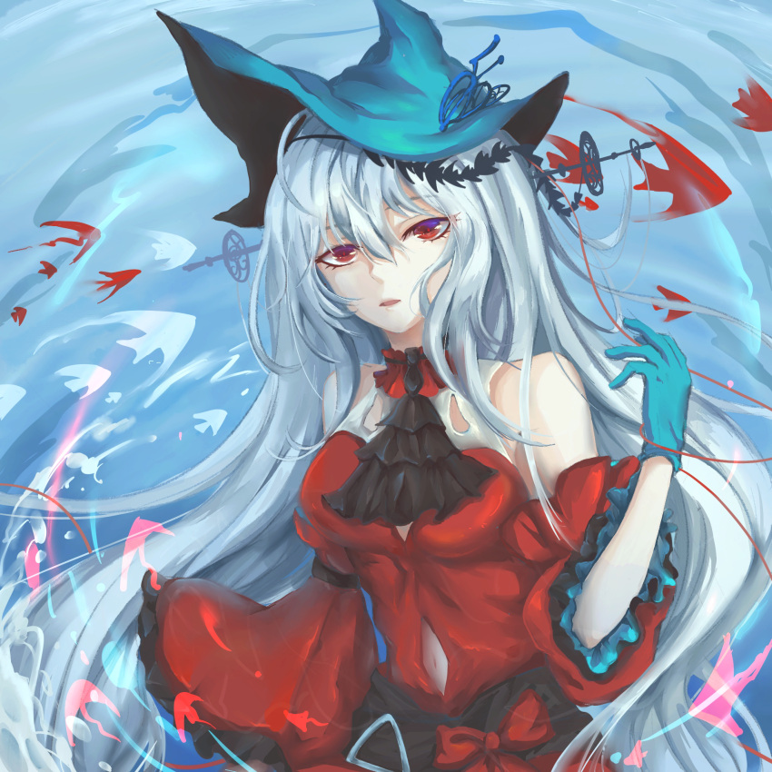1girl arknights ascot bangs bare_shoulders black_neckwear blue_gloves blue_headwear breasts clothing_cutout commentary detached_sleeves dress gloves hair_between_eyes hand_up highres long_hair looking_at_viewer medium_breasts miaowu_miaoha navel navel_cutout parted_lips red_dress red_eyes silver_hair skadi_(arknights) skadi_the_corrupting_heart_(arknights) solo upper_body very_long_hair