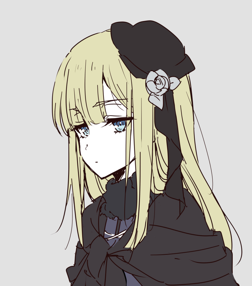1girl bangs beret black_capelet black_headwear blonde_hair blue_eyes bow capelet chiri_to_mato closed_mouth commentary_request expressionless eyebrows_visible_through_hair fate_(series) flower fur_collar grey_background grey_rose hair_flower hair_ornament hat highres long_hair lord_el-melloi_ii_case_files reines_el-melloi_archisorte rose simple_background sketch solo upper_body white_flower