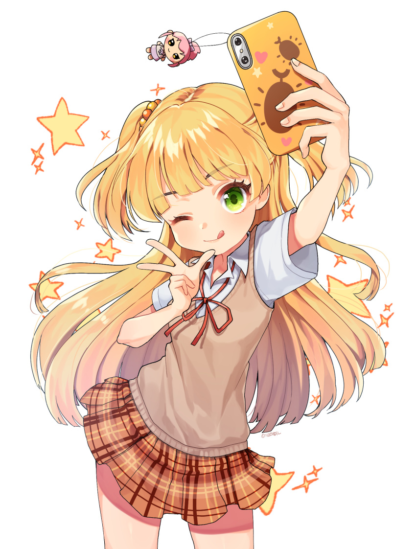 ;q beige_sweater_vest blonde_hair cellphone charm_(object) closed_mouth eyebrows_visible_through_hair green_eyes highres holding holding_phone idolmaster idolmaster_cinderella_girls idolmaster_cinderella_girls_starlight_stage jougasaki_rika one_eye_closed orange_skirt phone plaid plaid_skirt red_ribbon ribbon school_uniform shirt short_sleeves short_twintails skirt smile star_(symbol) sweater_vest taemin taking_picture tongue tongue_out twintails white_background white_shirt