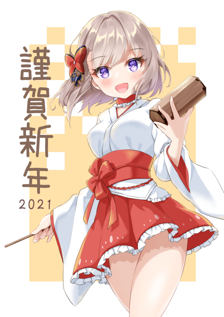 1girl absurdres azur_lane bangs blush bob_cut bow breasts classic_(zildjian33) eyebrows_visible_through_hair hair_between_eyes hair_bow hair_ornament hakama hakama_skirt highres holding iron_cross japanese_clothes kimono long_sleeves looking_at_viewer miko miniskirt new_year red_hakama red_skirt ribbon short_hair skirt smile solo violet_eyes white_kimono wide_sleeves z23_(azur_lane)