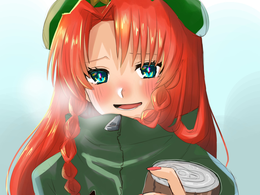 blue_eyes blush braid can coat eyebrows_behind_hair green_coat green_headwear hat hat_ornament highres hong_meiling long_hair open_mouth purupurutamago45 red_nails redhead smile touhou visible_air zipper zipper_pull_tab