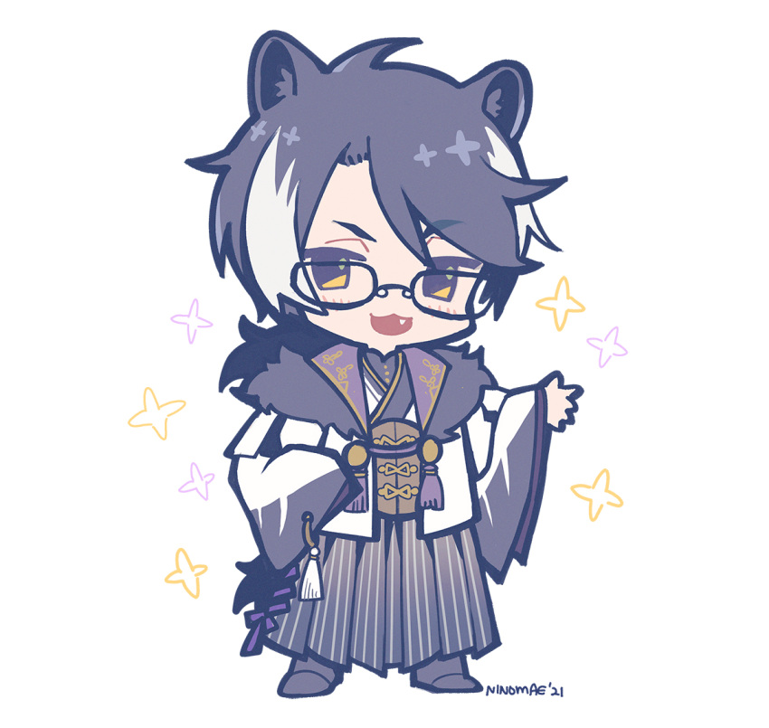 1boy :3 :d animal_ear_fluff animal_ears artist_name black_hair chibi full_body glasses holostars jackal_ears japanese_clothes kageyama_shien looking_at_viewer male_focus multicolored_hair ninomae_ina'nis_(artist) official_alternate_costume open_mouth simple_background smile standing two-tone_hair virtual_youtuber white_background white_hair wide_sleeves