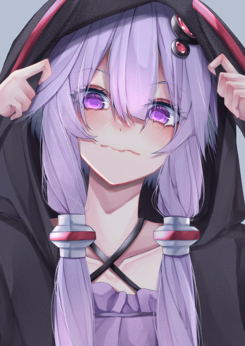 1girl black_jacket closed_mouth collarbone eyebrows_visible_through_hair eyes_visible_through_hair fall_dommmmmer hair_between_eyes highres hood hooded_jacket jacket long_hair looking_at_viewer low_twintails purple_hair solo twintails upper_body violet_eyes voiceroid wavy_mouth yuzuki_yukari