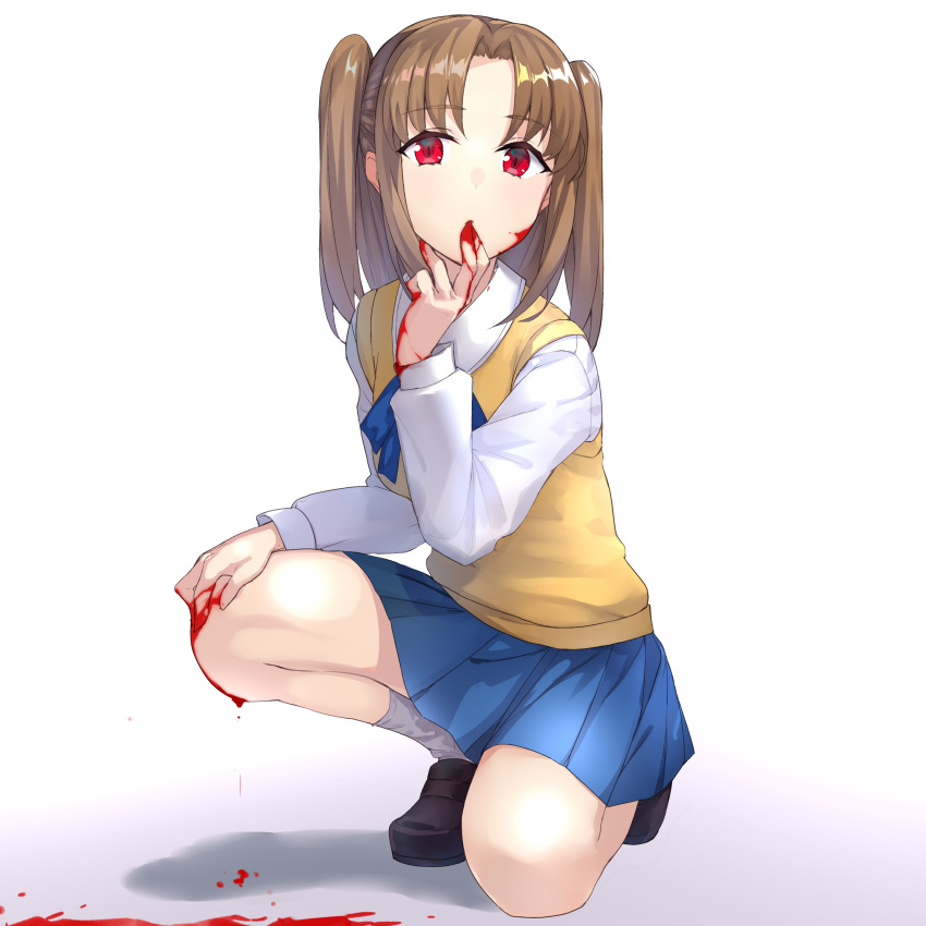 1girl absurdres apo_(apos2721) bangs blood blood_from_mouth blood_on_face bloody_hands blue_ribbon blue_skirt brown_hair commentary_request eyebrows_visible_through_hair hand_on_own_face highres long_hair long_sleeves looking_at_viewer miniskirt neck_ribbon one_knee parted_bangs red_eyes revision ribbon school_swimsuit shadow shirt simple_background skirt solo sweater sweater_vest swimsuit tsukihime two_side_up uniform vampire white_background white_shirt wing_collar yellow_sweater yumizuka_satsuki
