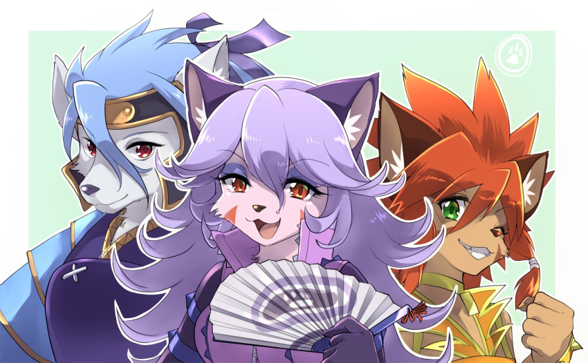 1girl 2boys :3 animal_ear_fluff animal_ears animal_nose armor bangs blue_hair body_fur border bracelet breastplate breasts brown_fur calua_napage cat_boy cat_ears cat_girl choker clenched_hand commentary_request eyebrows_visible_through_hair eyeshadow fan fang fangs folding_fan furry green_background green_eyes gren_sacher grin hair_between_eyes hair_ribbon half-closed_eyes hand_up happy high_collar highres holding jacket japanese_armor jewelry jpeg_artifacts long_hair looking_at_viewer makeup mask medium_breasts multiple_boys namagaki_yukina one_eye_closed opera_kranz outline outside_border paw_print pink_fur purple_eyeshadow purple_hair purple_jacket purple_ribbon red_eyes red_fur ribbon shiny shiny_hair shoulder_armor simple_background smile sode solatorobo spiked_bracelet spikes teeth two-tone_fur upper_body white_border white_outline wolf_boy wolf_ears yellow_choker zipper