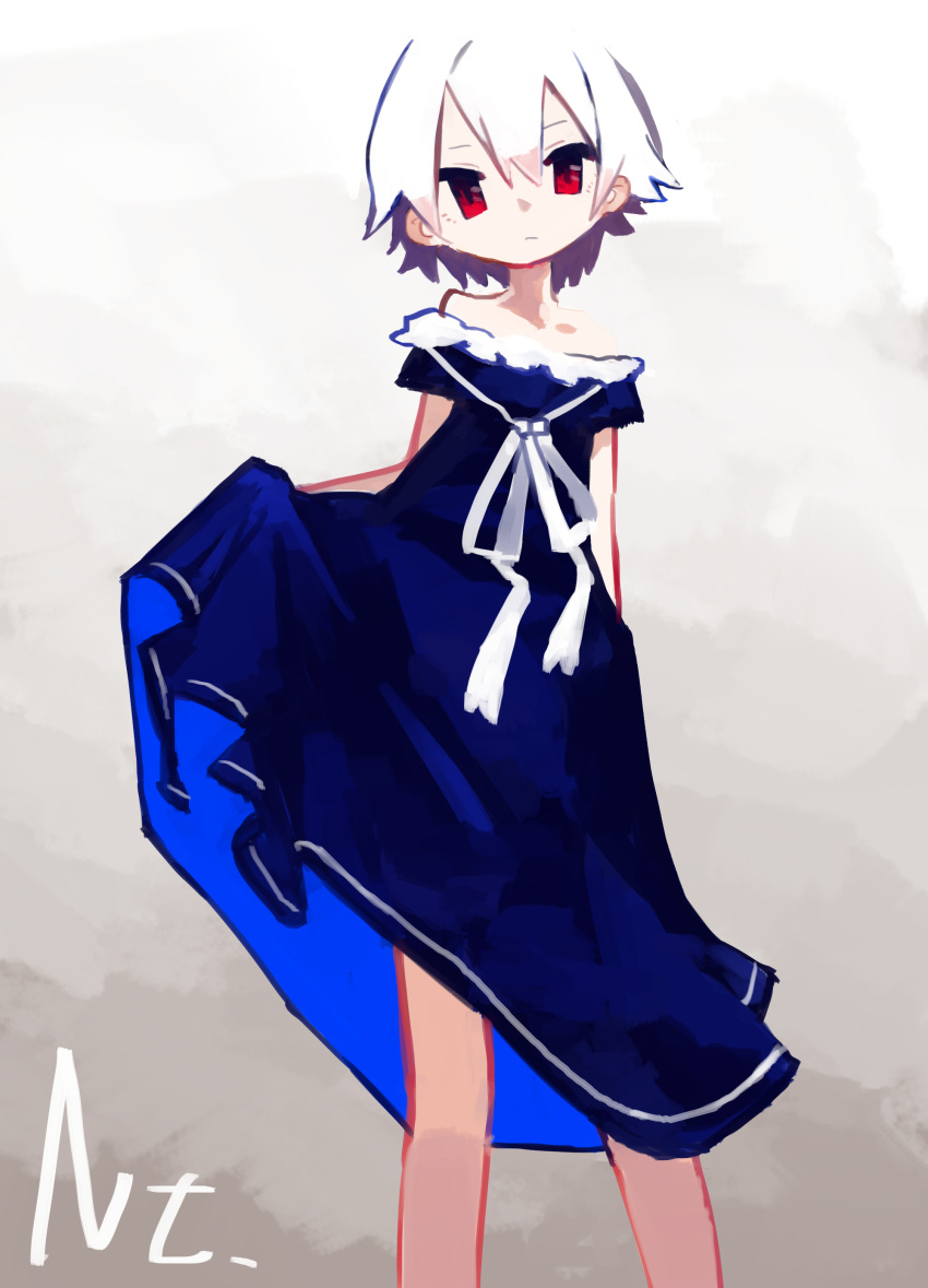 1girl absurdres black_dress dress feet_out_of_frame gradient gradient_background hair_between_eyes highres holding holding_clothes holding_dress looking_at_viewer natsu-no-kamisama off-shoulder_dress off_shoulder original ribbon short_hair short_sleeves solo standing white_hair white_ribbon