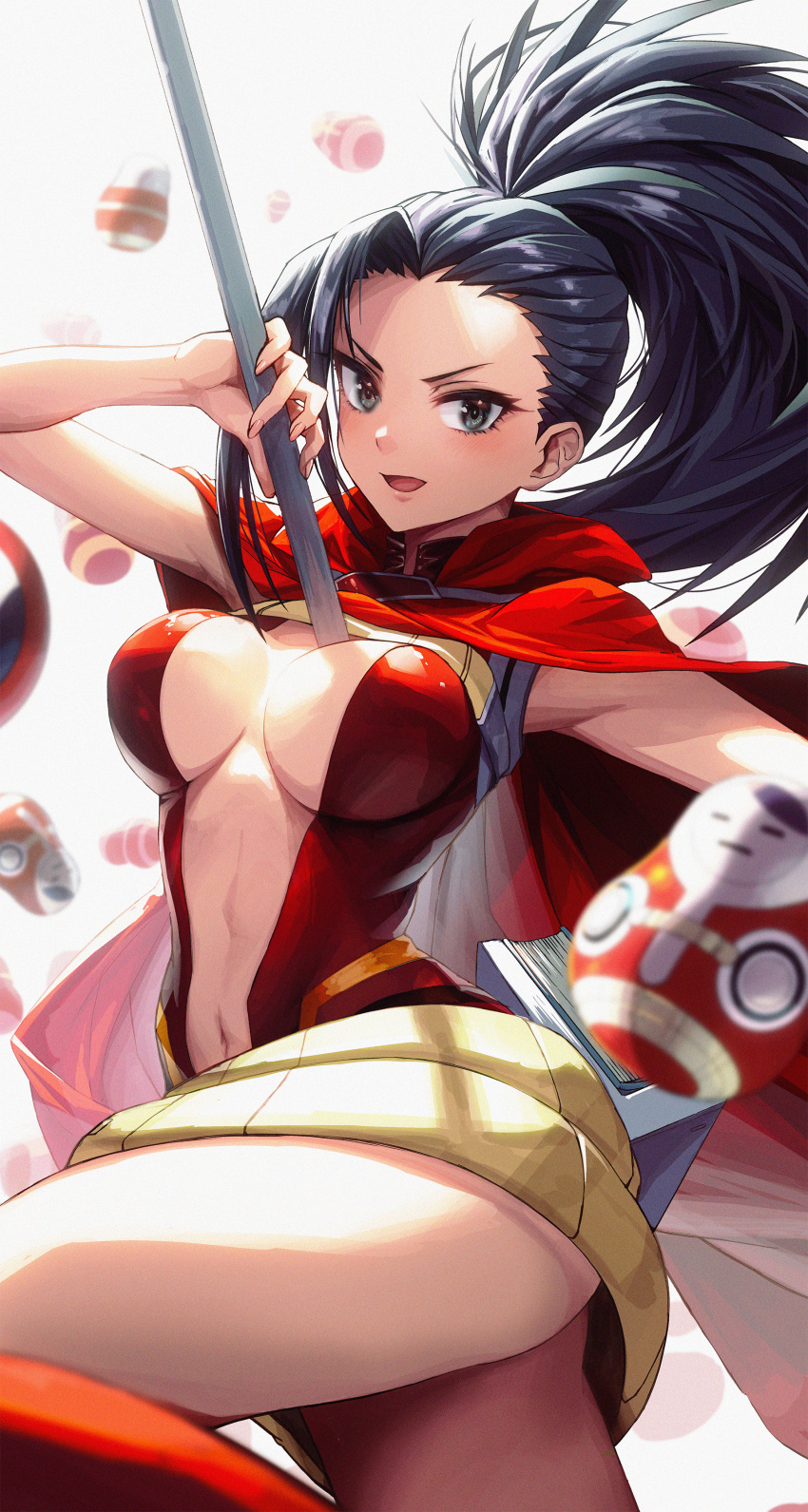1girl absurdres black_eyes black_hair boku_no_hero_academia breasts cape center_opening commentary_request fingernails gibagiba grey_background hand_on_hip highres huge_filesize large_breasts looking_at_viewer navel open_mouth ponytail red_cape short_hair smile solo thighs yaoyorozu_momo