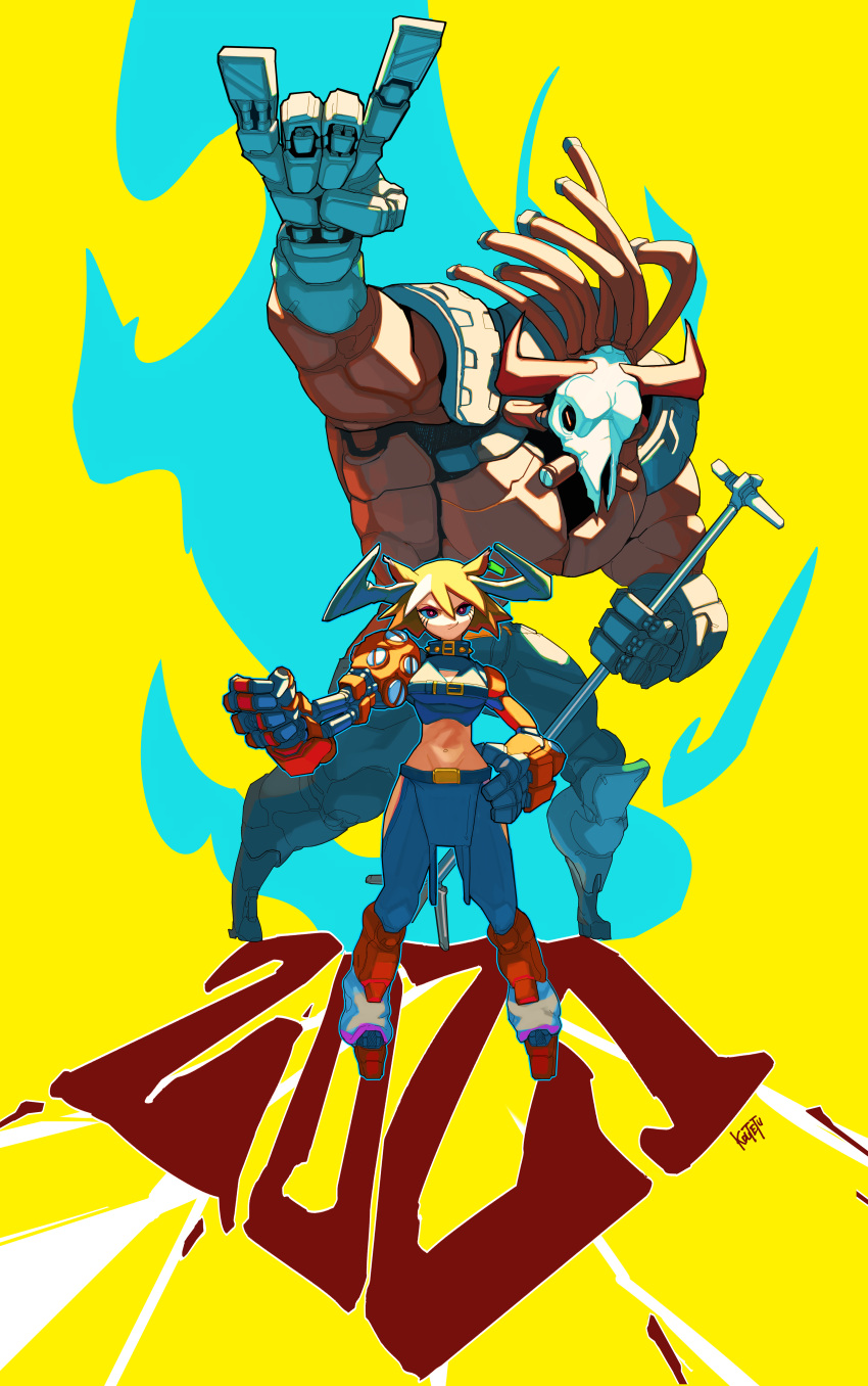 1boy 1girl 2021 \m/ absurdres animal_ears asymmetrical_arms blonde_hair blue_background bull collar cow_ears cow_horns cyberpunk cyborg ear_tag fewer_digits full_body hand_on_hip headbanging highres horns joints koutetu_yarou microphone microphone_stand midriff muscular navel original piston prosthesis prosthetic_arm red_eyes robot_joints signature size_difference skull smile spiked_collar spikes standing tube two-tone_background yellow_background