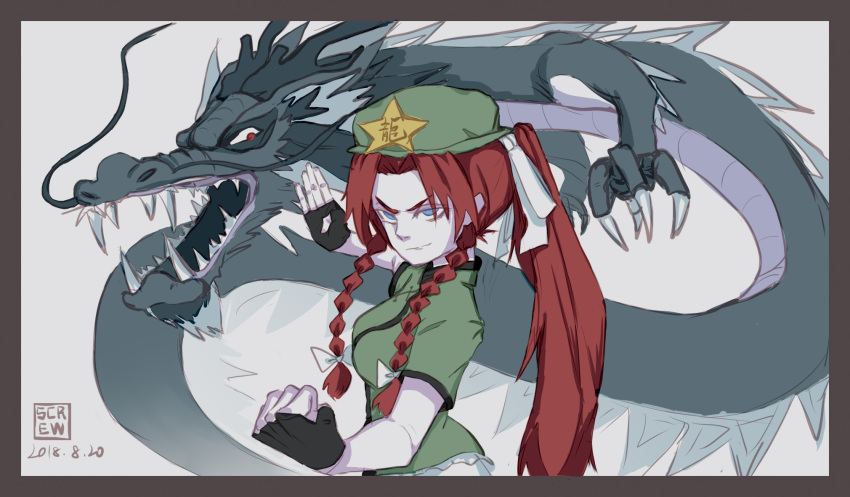 1girl alternate_costume beret blue_eyes braid china_dress chinese_clothes dragon dress eastern_dragon fingerless_gloves gloves hat hat_ornament highres hong_meiling long_hair redhead skip_screw star_(symbol) star_hat_ornament the_embodiment_of_scarlet_devil touhou twin_braids