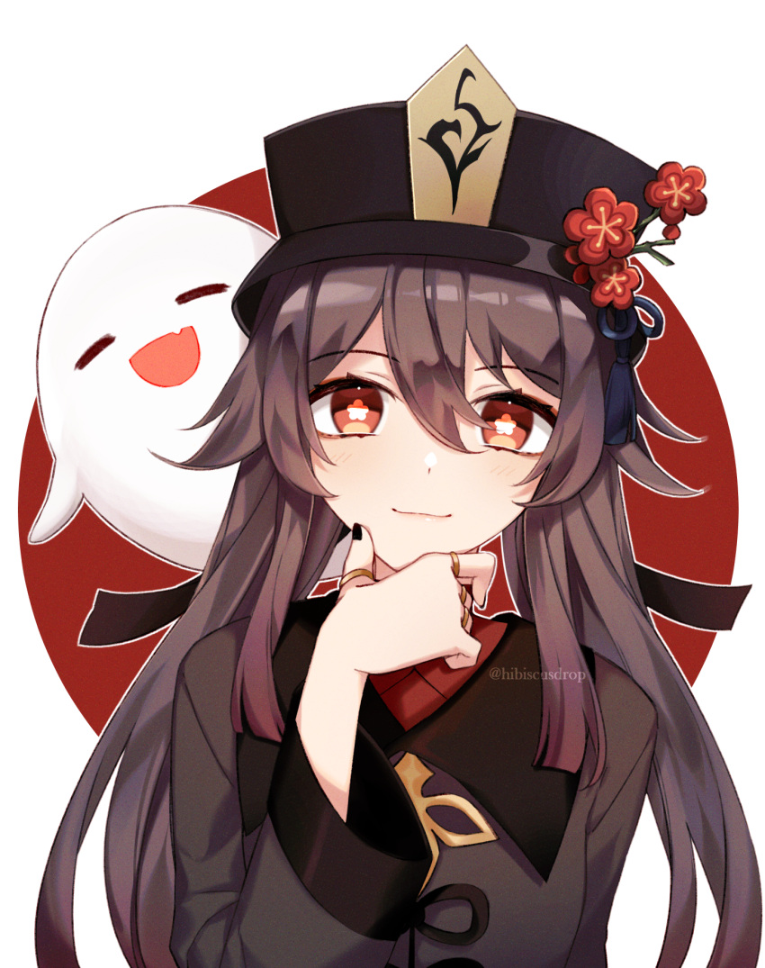 1girl :3 =_= artist_name bangs black_headwear black_nails black_shorts blush brown_hair chinese_clothes eyebrows_visible_through_hair fang film_grain flower genshin_impact ghost gradient_hair hair_between_eyes hair_ribbon hand_on_own_chin hat hat_flower highres hu_tao jewelry long_hair long_sleeves looking_at_viewer multicolored_hair red_eyes red_flower redhead ribbon ring shorts simple_background smile solo star-shaped_pupils star_(symbol) symbol-shaped_pupils tana_(tanabio) tassel twitter_username wide_sleeves