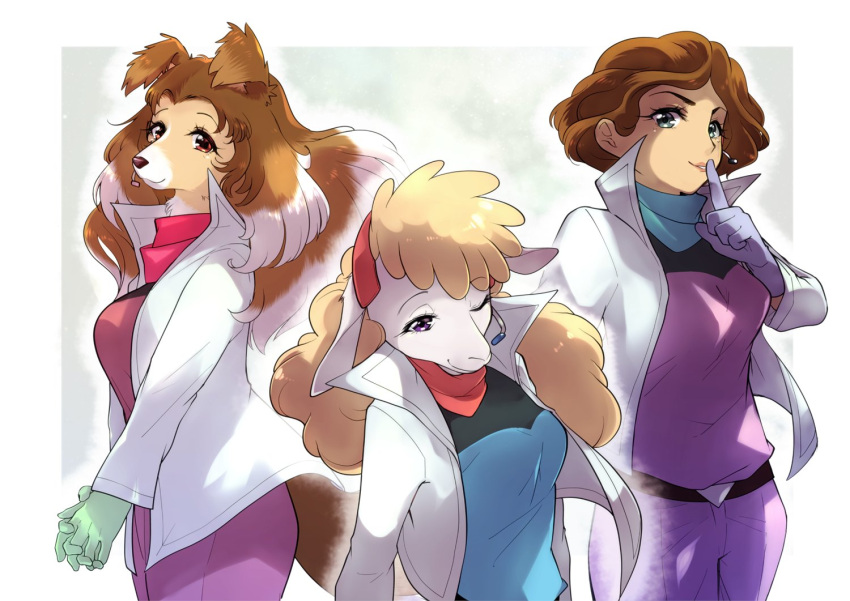 3girls :3 animal_ears animal_nose bandana belt blonde_hair blue_eyes blue_gloves blue_shirt body_fur border breasts brown_eyes brown_fur brown_hair closed_mouth commentary_request cowboy_shot dog_ears dog_girl dog_girl_(star_fox_2_prototype) dog_tail earpiece eyebrows_visible_through_hair finger_to_mouth from_side furry gloves green_background green_gloves hair_intakes half-closed_eye hand_up hands_together happy high_collar index_finger_raised jacket jpeg_artifacts long_hair long_sleeves looking_at_viewer medium_breasts mixed-language_commentary multicolored_hair multicolored_shirt multiple_girls namagaki_yukina one_eye_closed open_clothes open_jacket outline outside_border pants parted_lips pink_pants prototype purple_shirt sheep_ears sheep_girl sheep_girl_(star_fox_2_prototype) shiny shiny_hair shirt short-haired_woman_(star_fox_2_prototype) short_hair shushing simple_background smile snout standing star_fox tail teeth thick_thighs thighs two-tone_fur two-tone_hair upper_body violet_eyes white_border white_fur white_hair white_jacket white_outline