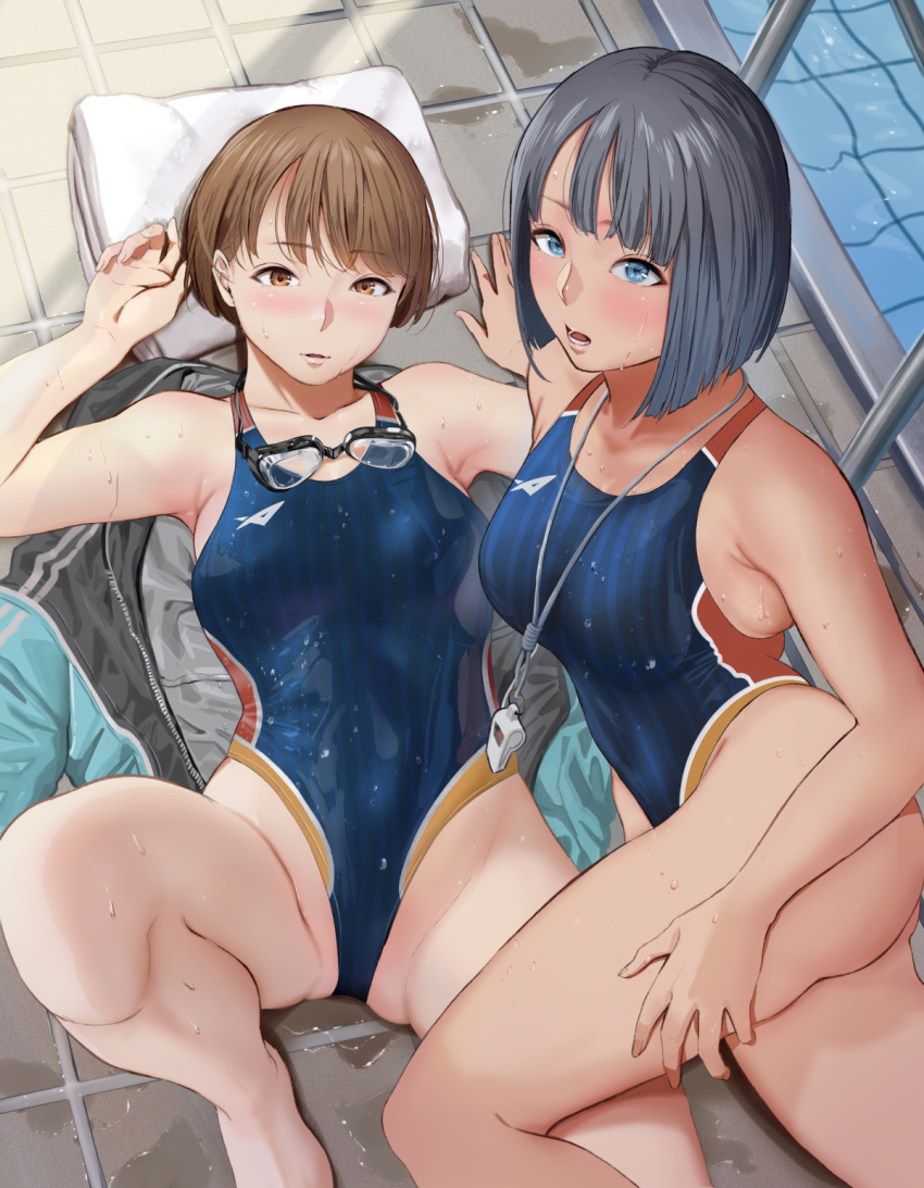 2girls ass bare_shoulders black_hair blue_eyes blush breasts brown_eyes brown_hair competition_swimsuit dark_skin dark-skinned_female goggles goggles_around_neck highres looking_at_viewer lying multiple_girls on_back one-piece_swimsuit open_mouth original poolside short_hair swimsuit tan urasuji_samurai whistle