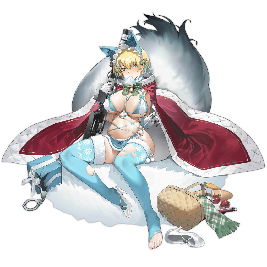 1girl animal_ears apple basket bell blonde_hair blue_eyes blue_legwear bread breasts breath carrot cloak cross cross_earrings damaged earrings fake_animal_ears food fruit full_body fur_trim girls_frontline gloves gun hair_bell hair_ornament hairband high_heels highres hood hooded_cloak hoodie jewelry jingle_bell large_breasts lifted_by_self lolita_hairband microskirt mole mole_on_breast mole_under_eye mouth_hold navel official_alternate_costume official_art revealing_clothes shoe_removed short_hair siqi_(miharuu) sitting skirt snowflake_hair_ornament solo strap_lift tail thigh-highs torn_clothes torn_legwear transparent_background untying vsk-94_(girls_frontline) weapon white_gloves