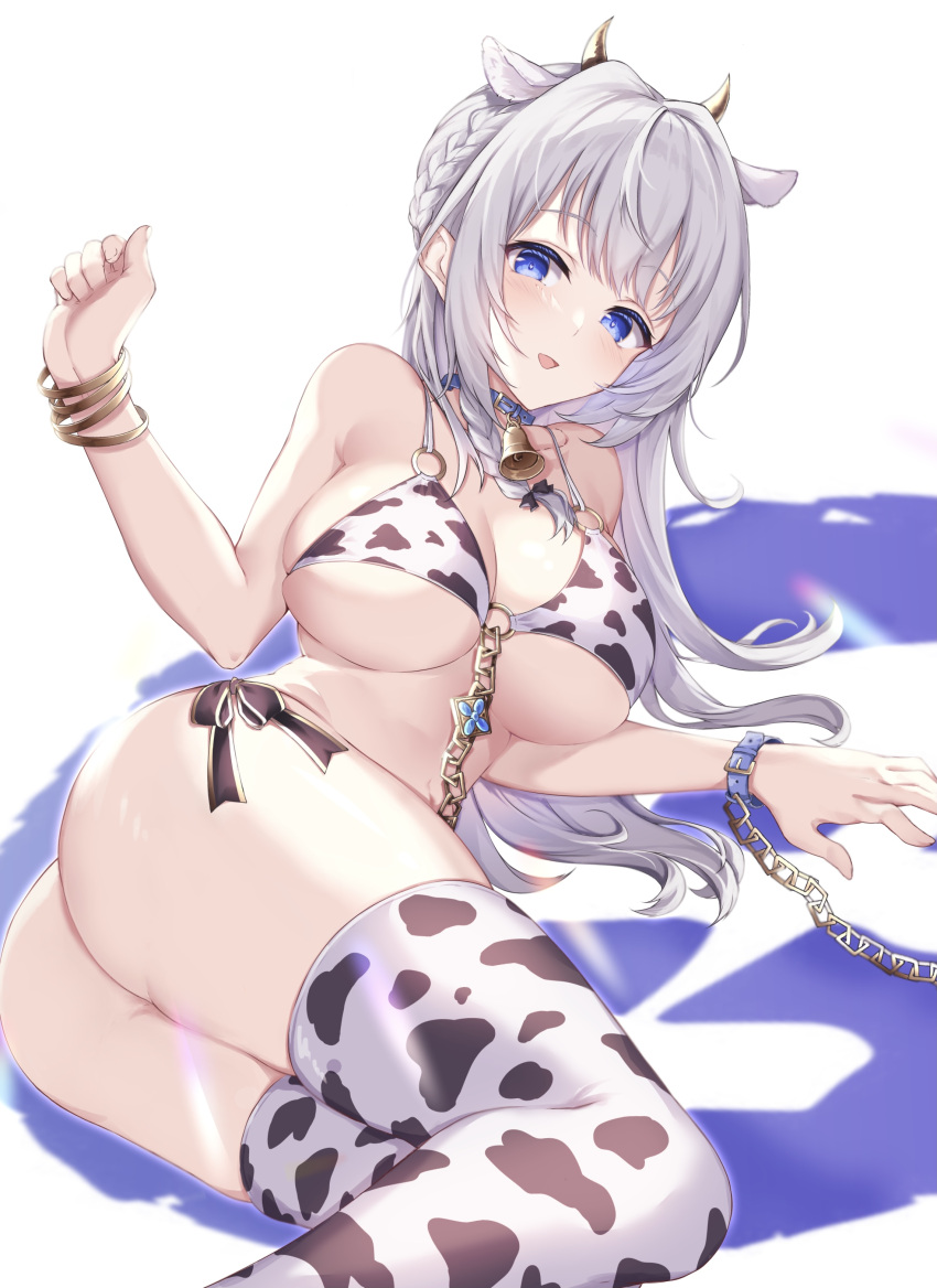 1girl absurdres animal_ears animal_print ass bangle bare_arms bare_shoulders bell bell_collar bikini blue_collar blue_eyes bracelet braid breasts chain collar cow_ears cow_horns cow_print fake_animal_ears fake_horns fuchi_(0616tk) highres horns jewelry large_breasts long_hair looking_at_viewer lying magia_record:_mahou_shoujo_madoka_magica_gaiden mahou_shoujo_madoka_magica o-ring o-ring_bikini o-ring_top on_side silver_hair smile solo swimsuit swimwear thigh-highs white_bikini white_legwear yakumo_mitama