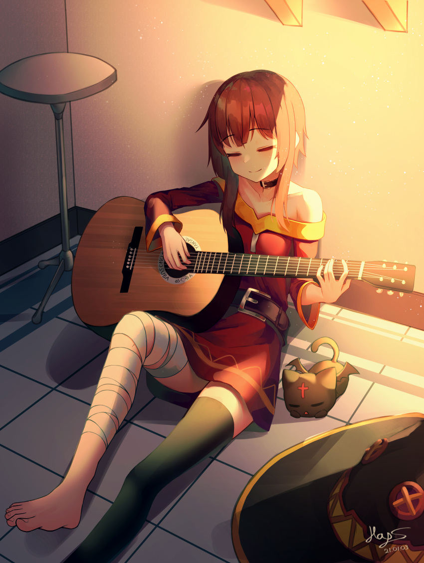 1girl absurdres acoustic_guitar bandaged_leg bandages bangs bare_shoulders barefoot belt black_belt black_cat black_choker black_legwear blush breasts brown_hair brown_headwear cat chair choker chomusuke closed_eyes closed_mouth collarbone commentary_request dated dress foot_out_of_frame guitar hat hat_removed headwear_removed highres holding holding_instrument huge_filesize instrument kono_subarashii_sekai_ni_shukufuku_wo! long_legs long_sleeves megumin music off_shoulder on_floor playing_instrument red_dress red_eyes short_hair short_hair_with_long_locks signature single_thighhigh sitting sleeping small_breasts smile thigh-highs tile_floor tiles wings witch_hat yansae81