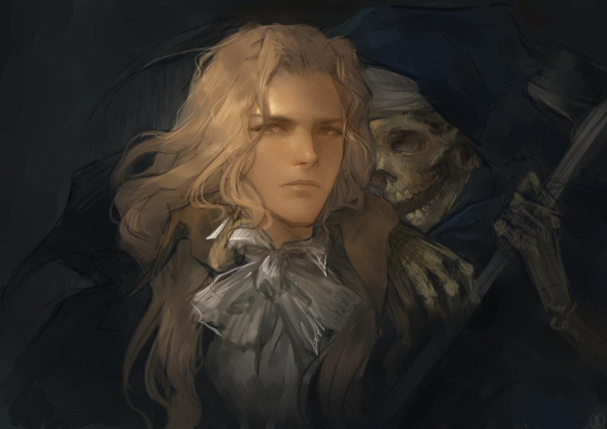 1boy alucard_(castlevania) bishounen blonde_hair bone bow castlevania castlevania:_symphony_of_the_night dark_background death_(castlevania) european_clothes evil_smile fine_art_parody grin high_collar holding holding_weapon hood long_hair looking_at_viewer male_focus nat_the_lich parody scythe simple_background skeleton skull smile teeth vampire weapon white_bow