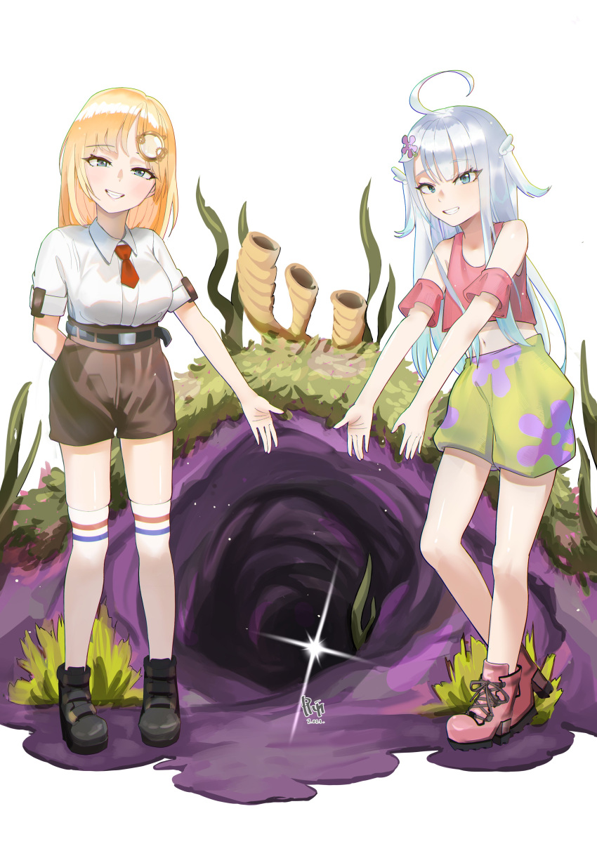 2girls absurdres ahoge amatsuka_uto bangs bare_shoulders blonde_hair blue_eyes blue_hair creator_connection dip-dyed_hair eyebrows_visible_through_hair googolplexbyte hair_ornament hairclip highres hole hololive hololive_english holomyth indie_virtual_youtuber kneehighs long_hair looking_at_viewer monocle_hair_ornament multiple_girls necktie off_shoulder red_neckwear ribbon shirt shoes shorts simple_background smile teeth twintails virtual_youtuber watson_amelia white_background white_shirt