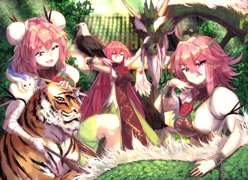 3girls :q ahoge animal animal_hug animal_on_arm animal_on_shoulder architecture arms_up bald_eagle bandaged_arm bandages bird bird_on_arm blurry blurry_background breasts chain commentary cuffs day double_bun dragon eagle east_asian_architecture eastern_dragon flower green_skirt hair_between_eyes highres horns ibaraki_douji's_arm ibaraki_douji_(touhou) ibaraki_kasen large_breasts looking_at_viewer multiple_girls multiple_persona open_mouth outdoors petting pink_eyes pink_hair pointy_ears puffy_short_sleeves puffy_sleeves raijuu red_flower red_rose red_tabard rose shackles shirt short_hair short_sleeves sitting skirt standing sunyup tabard tiger tile_roof tongue tongue_out touhou white_shirt