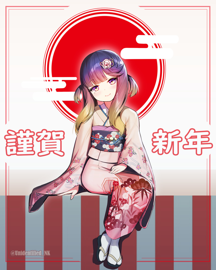 1girl bangs blush closed_mouth commentary_request eyebrows_visible_through_hair floral_print flower full_body gradient_hair hair_flower hair_ornament highres japanese_clothes kantai_collection kimono long_sleeves looking_at_viewer mole mole_under_eye multicolored_hair obi purple_hair sandals sash sidelocks sitting smile socks solo tabi tsushima_(kantai_collection) twitter_username unidentified_nk violet_eyes white_legwear