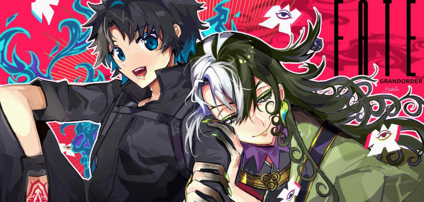 2boys androgynous arm_grab ashiya_douman_(fate) asymmetrical_clothes asymmetrical_hair bell bishounen black_eyes black_hair blue_eyes command_spell curly_hair earrings fate/grand_order fate_(series) fingernails fujimaru_ritsuka_(male) green_eyeshadow green_kimono green_lipstick green_nails hair_bell hair_between_eyes hair_intakes hair_ornament japanese_clothes jewelry kimono kyouka_(exclamationmark) leaning_on_person lipstick long_hair looking_at_viewer magatama magatama_earrings makeup male_focus multicolored_hair multiple_boys open_clothes open_kimono ribbed_sleeves sharp_fingernails smile two-tone_hair upper_body very_long_fingernails very_long_hair white_hair