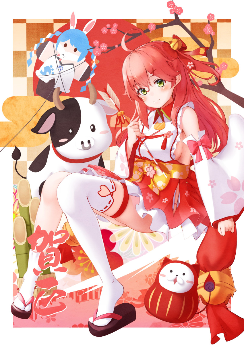 2021 35p_(sakura_miko) absurdres ahoge bamboo blush breasts cherry_blossom_print cherry_blossoms cow daruma_doll don-chan_(usada_pekora) floral_print green_eyes hair_ornament hairclip happy_new_year highres hololive kite looking_at_viewer new_year nyan_(reinyan_007) paw_print_pattern pink_hair sakura_miko sideboob single_thighhigh thigh-highs tree_branch usada_pekora virtual_youtuber white_legwear x_hair_ornament