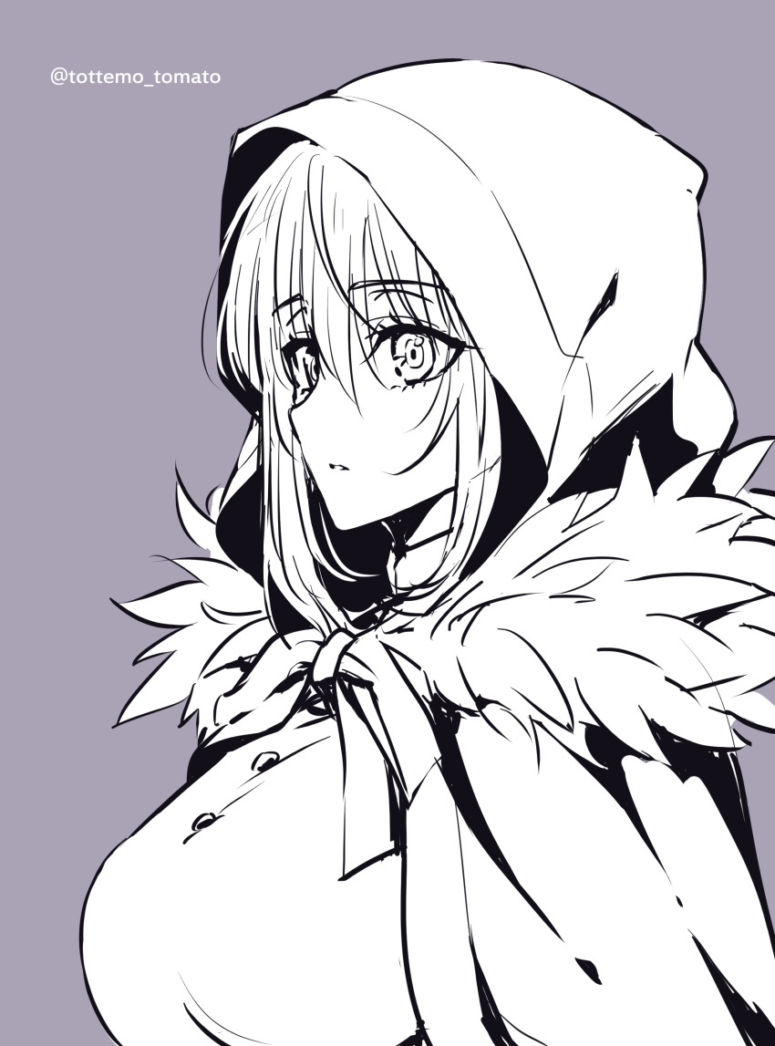 1girl absurdres alternate_breast_size bangs breasts cape chiri_to_mato commentary_request eyebrows_visible_through_hair fate_(series) from_side fur-trimmed_cape fur_trim gray_(lord_el-melloi_ii) grey_background greyscale hair_between_eyes highres hood hood_up large_breasts looking_at_viewer lord_el-melloi_ii_case_files monochrome parted_lips ribbon short_hair simple_background solo twitter_username upper_body