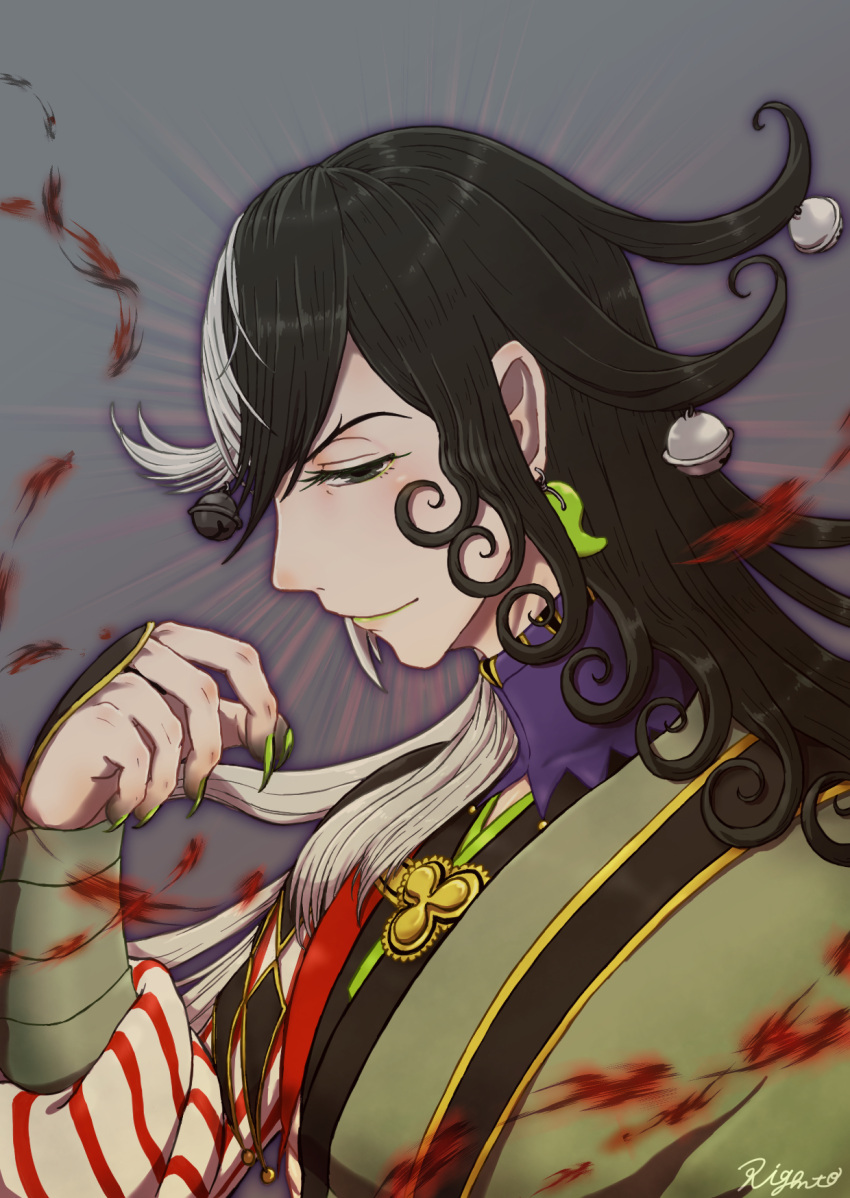 1boy ashiya_douman_(fate) asymmetrical_clothes asymmetrical_hair bell black_eyes black_hair blood blood_splatter curly_hair earrings fate/grand_order fate_(series) fingernails from_side green_eyeshadow green_kimono green_lipstick green_nails hair_bell hair_between_eyes hair_intakes hair_ornament highres japanese_clothes jewelry kimono lipstick long_hair looking_at_viewer magatama magatama_earrings makeup male_focus multicolored_hair open_clothes open_kimono ribbed_sleeves rigumunto_(rigmto) sharp_fingernails smile solo two-tone_hair very_long_fingernails very_long_hair white_hair